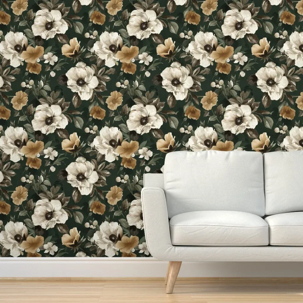 Vintage Moody Floral Peel and Stick Wallpaper - Dark Green, Linen product