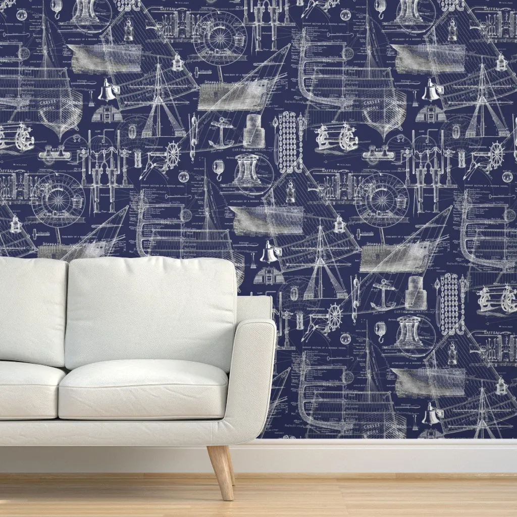 Vintage Nautical Boat Illustrations Peel and Stick Wallpaper - Blue product
