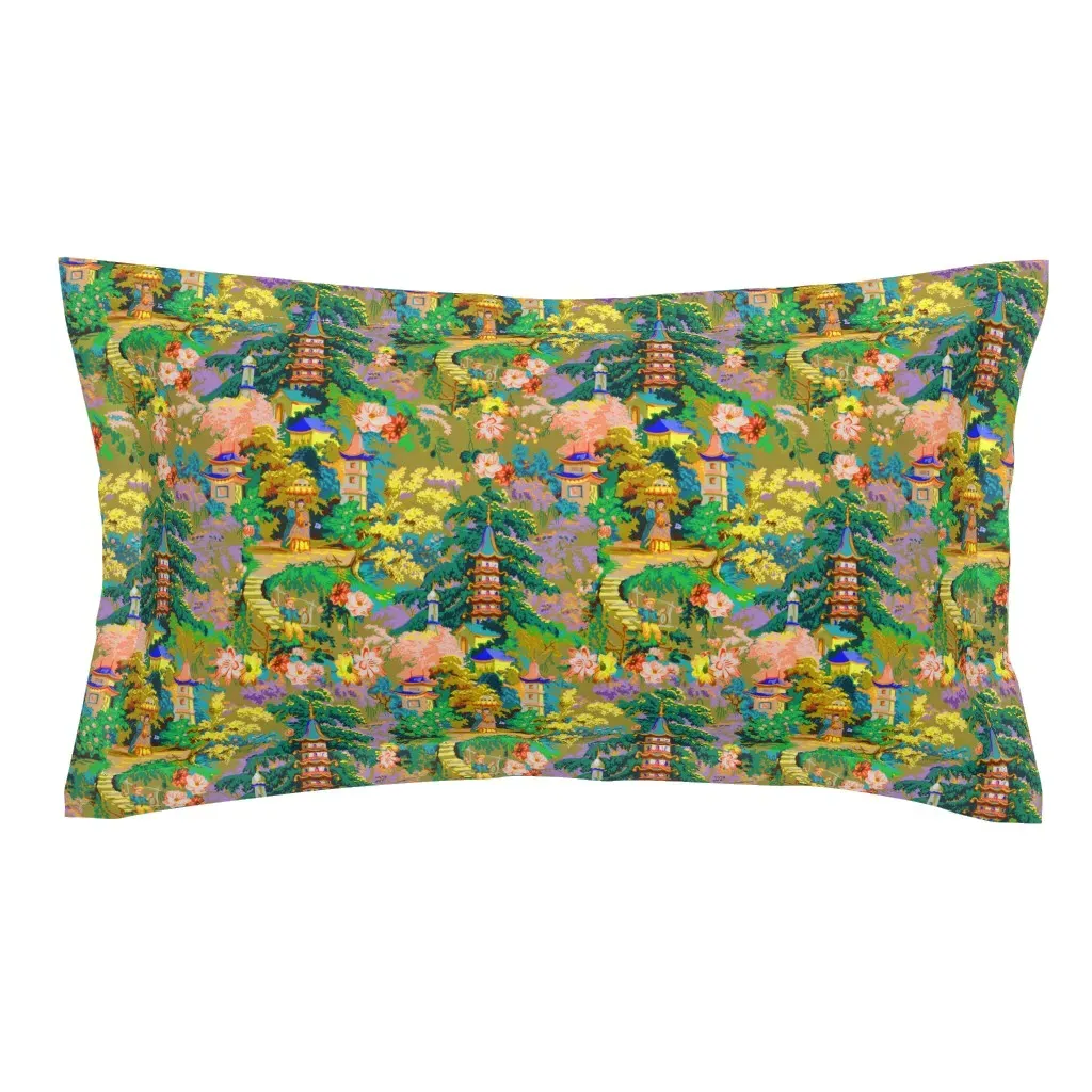 Vintage Pagoda Chinoiserie Toile King Pillow Sham - Gold product