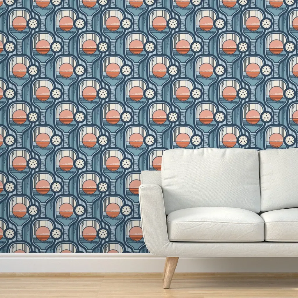 Vintage Pickleball Paddle & Ball Peel and Stick Wallpaper - Dusty Blue product
