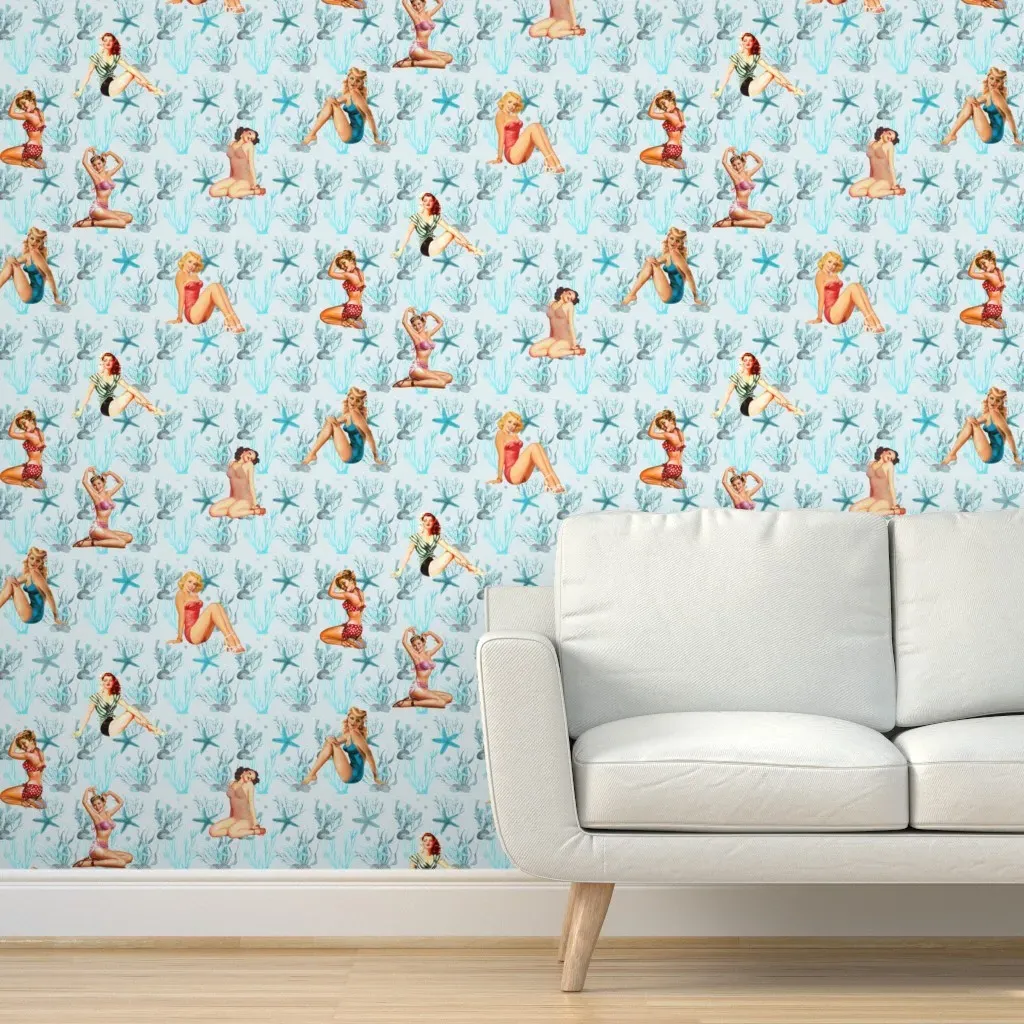 Vintage Pin Up Beach Girls Peel and Stick Wallpaper - Light Blue product