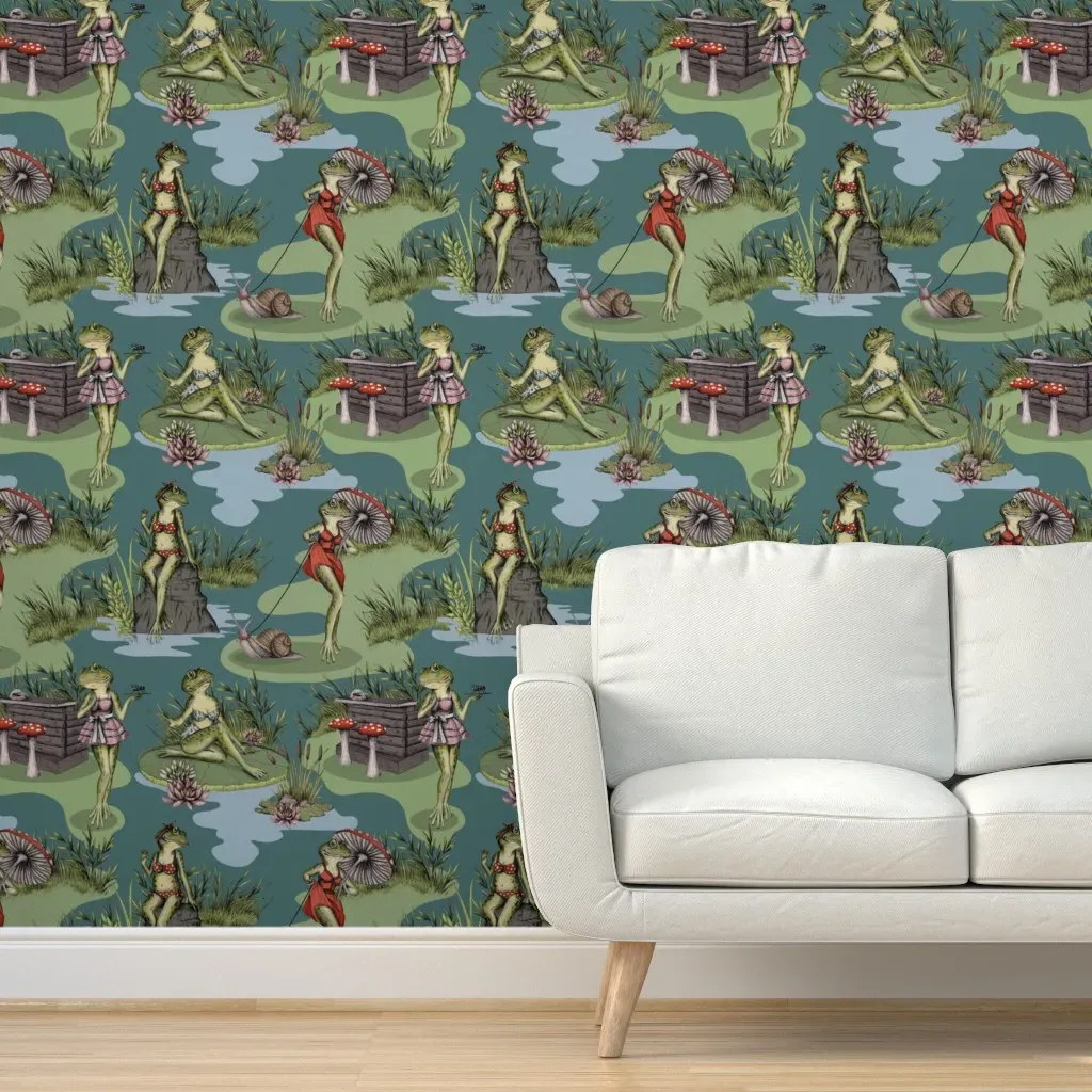 Vintage Pin-Up Girl Frogs Peel and Stick Wallpaper - Green product