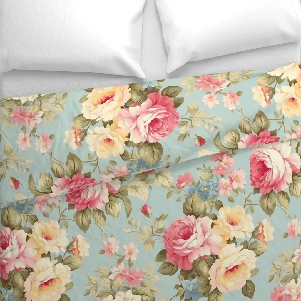 Vintage Pink and Yellow Roses Duvet Cover - Pink alternate view