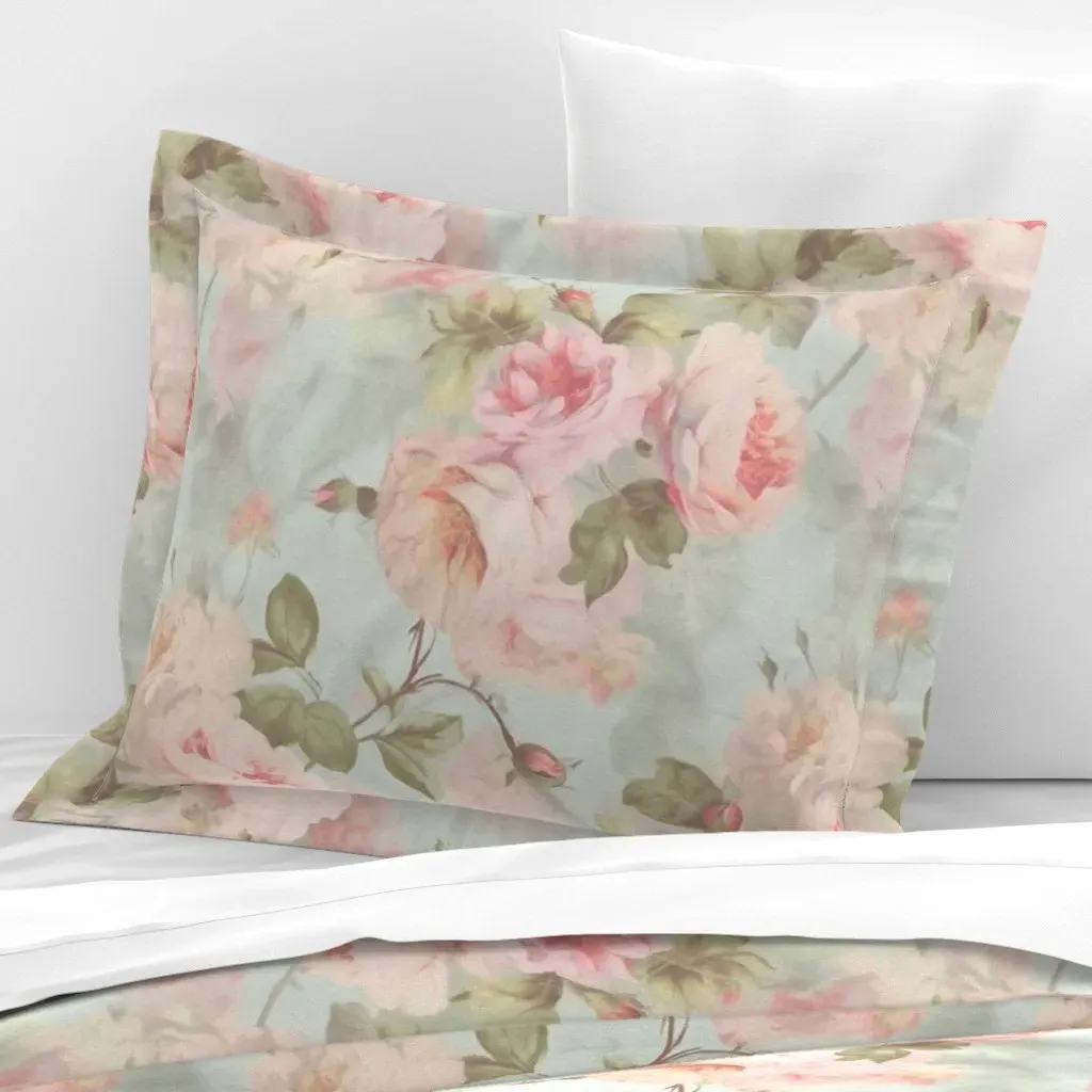Vintage Pink Roses Blue Background Standard Flanged Pillow Sham - Pink, Cotton Sateen product