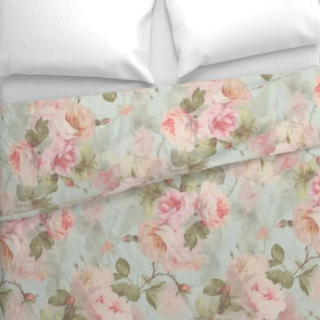 Vintage Pink Roses Blue Duvet Cover - Pink alternate view