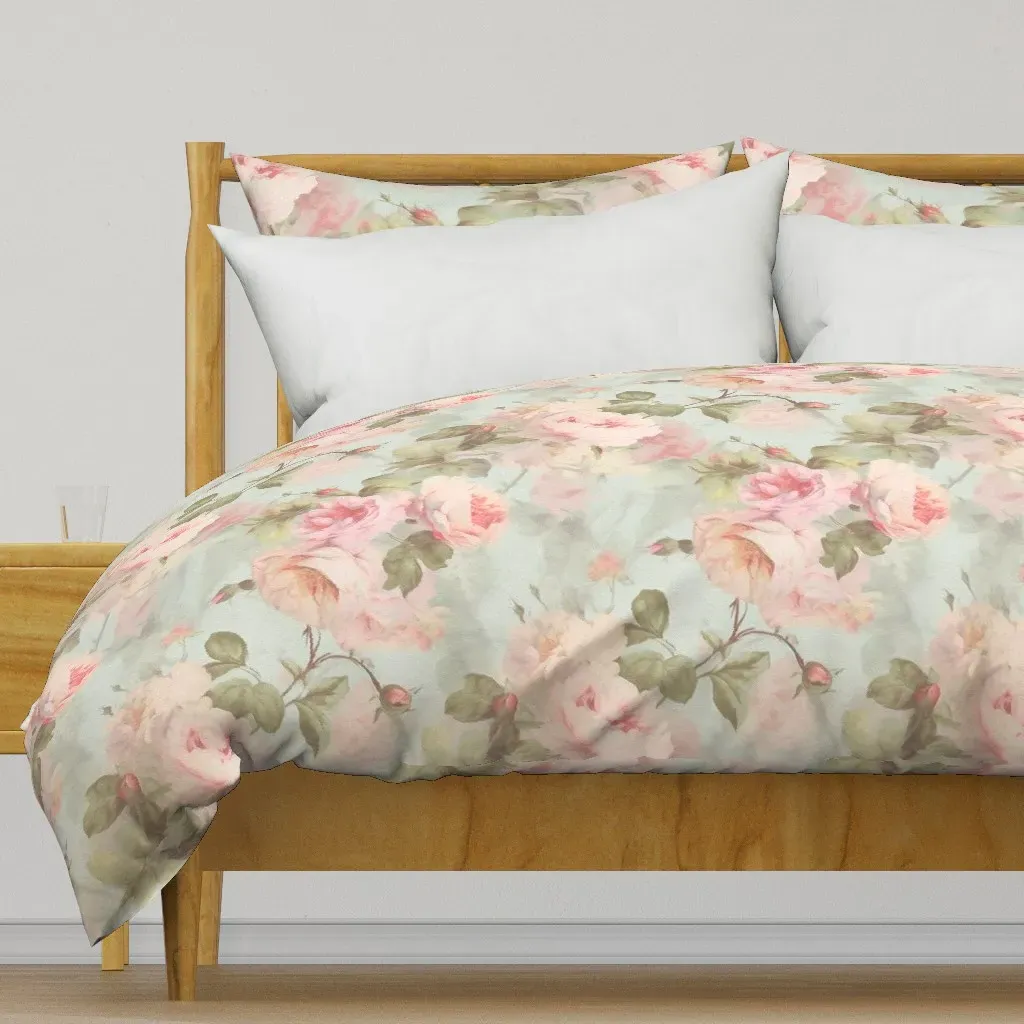 Vintage Pink Roses Blue Duvet Cover - Pink product