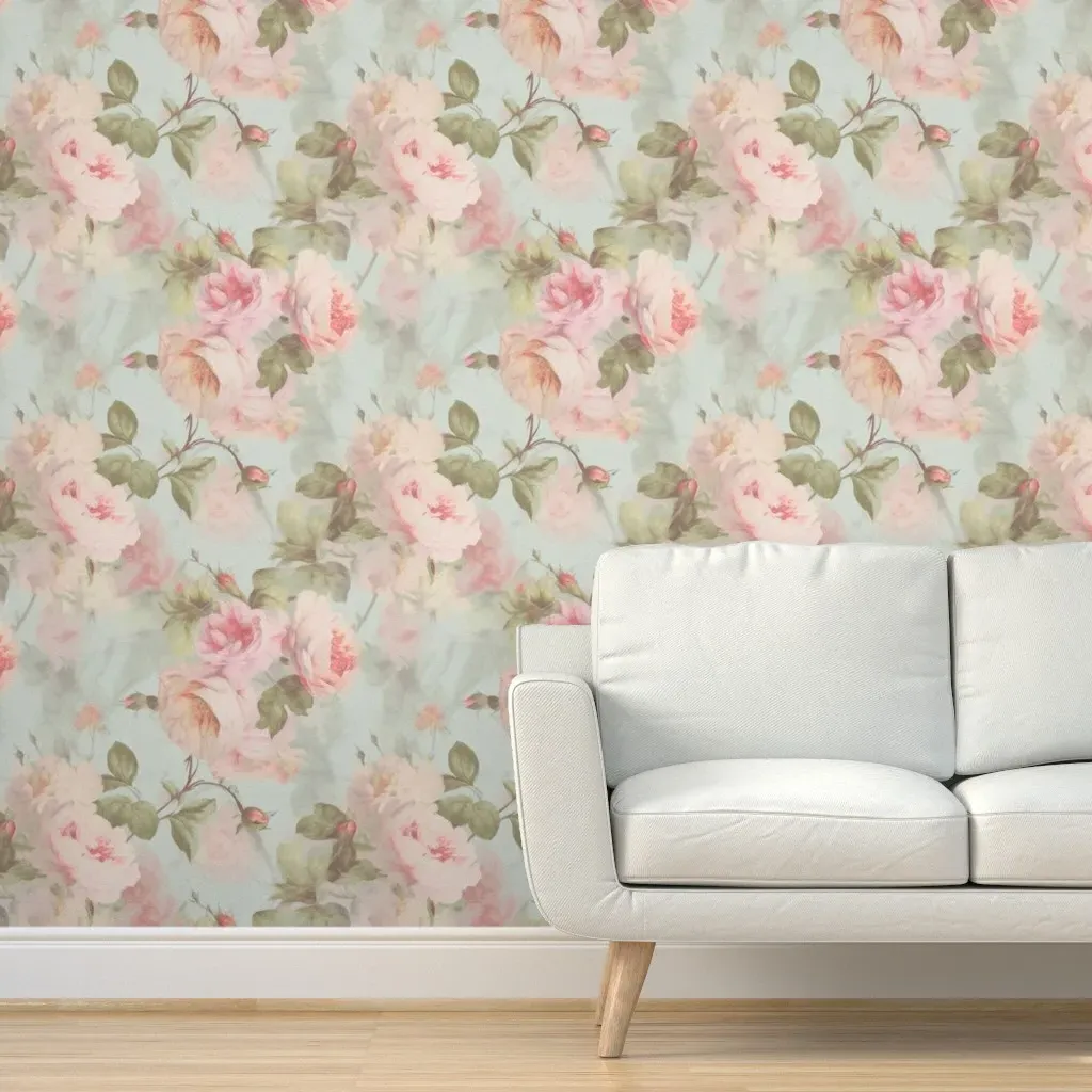Vintage Pink Roses Peel and Stick Wallpaper - Pink, Blue product