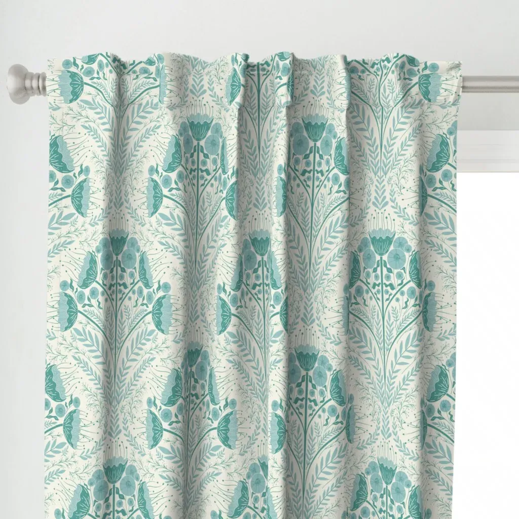 Vintage Poppy Damask Curtain Panel - Teal alternate view