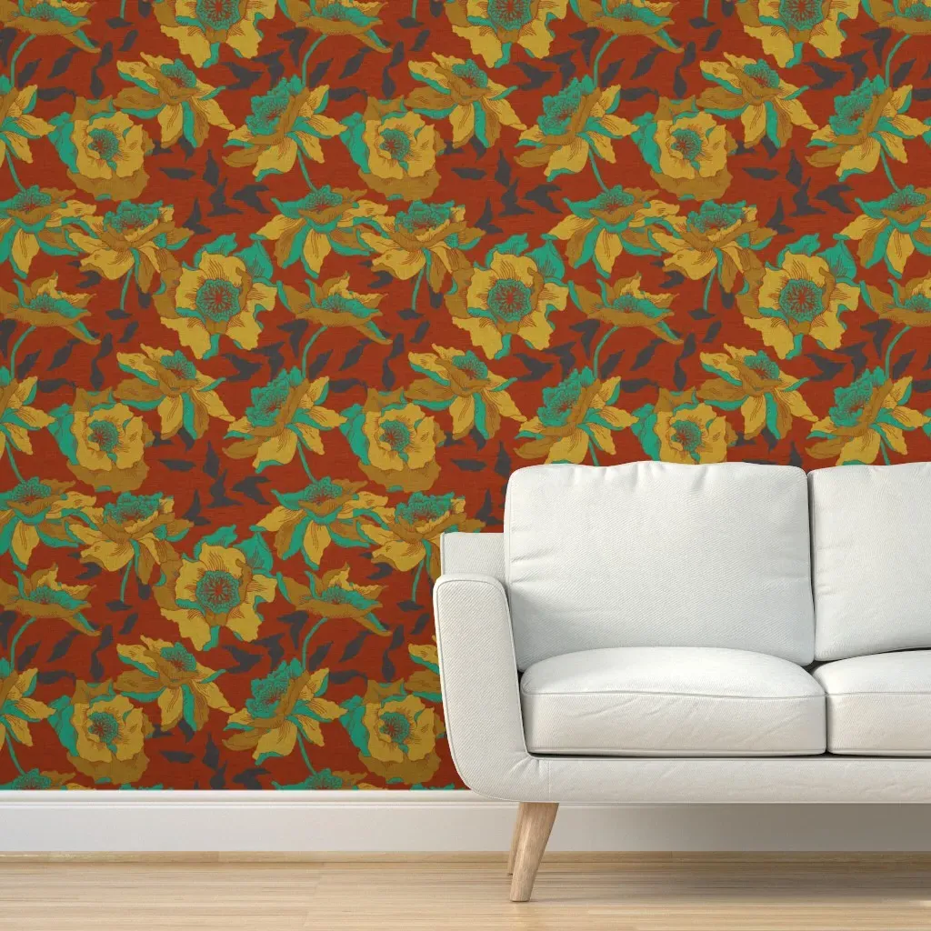 Vintage Poppy Peel and Stick Wallpaper - Burnt Orange product