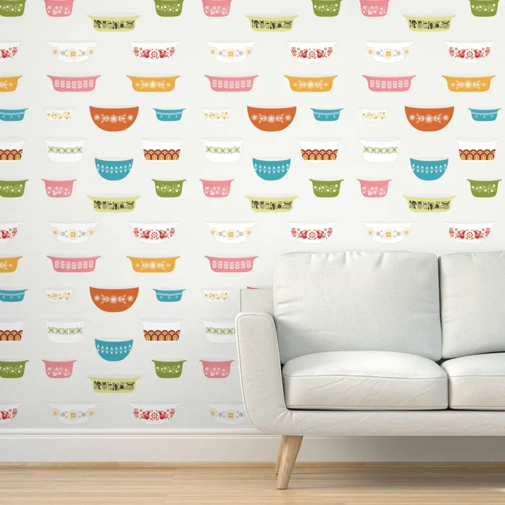 Vintage Pyrex Peel and Stick Wallpaper - Beige, White, Blue product