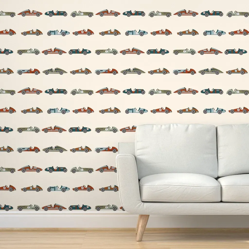 Vintage Race Cars Peel and Stick Wallpaper - Beige product