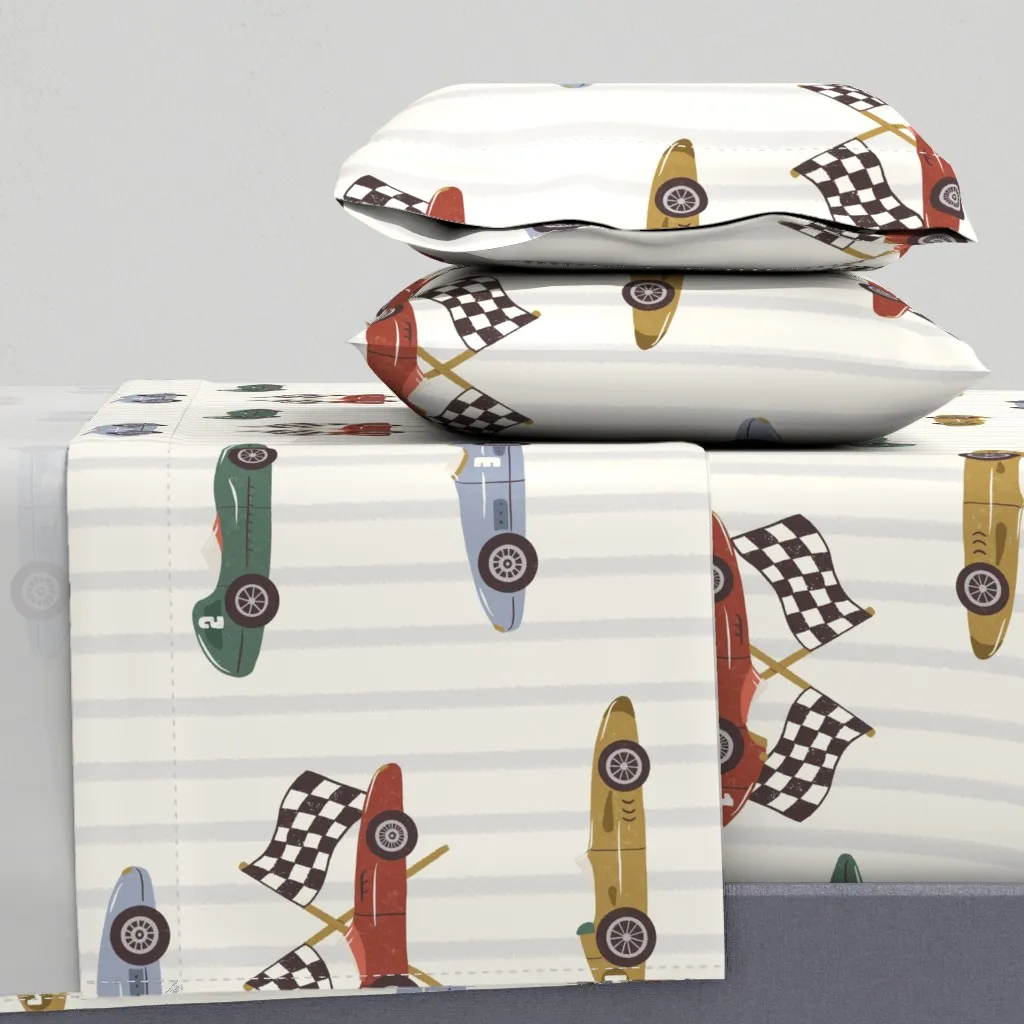Vintage Race Cars Retro Grand Prix Stripes Twin Sheet Set - Red product