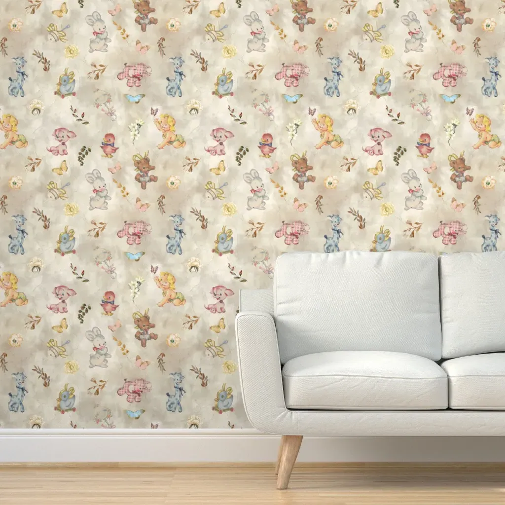 Vintage Retro Baby Toys Nursery Peel and Stick Wallpaper - Pink product