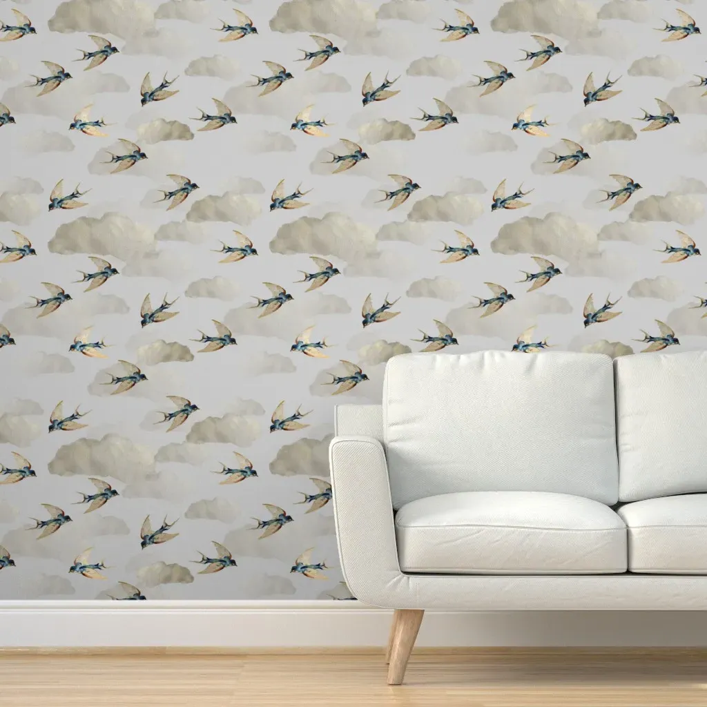 Vintage Retro Birds & Clouds Peel and Stick Wallpaper - Blue product