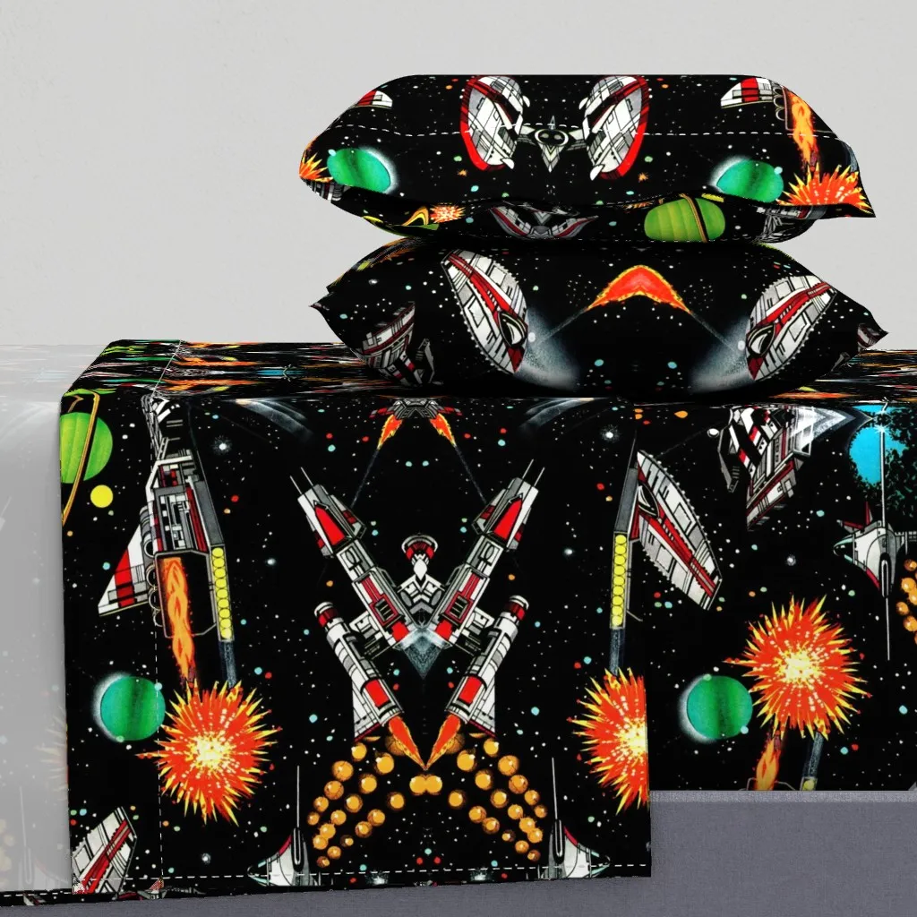 Vintage Retro Sci-Fi Spaceships Queen Sheet Set - Red product