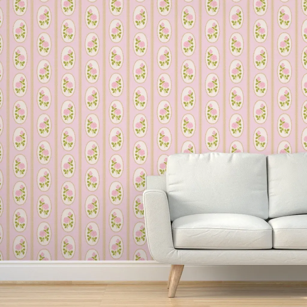 Vintage Roses Stripe Peel and Stick Wallpaper - Pink, Green, Gold product