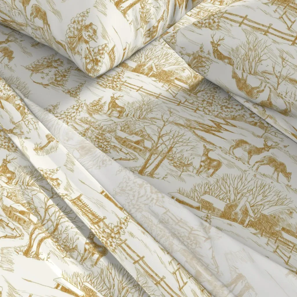 Vintage Rustic Wintertime Toile Queen Sheet Set - Gold alternate view