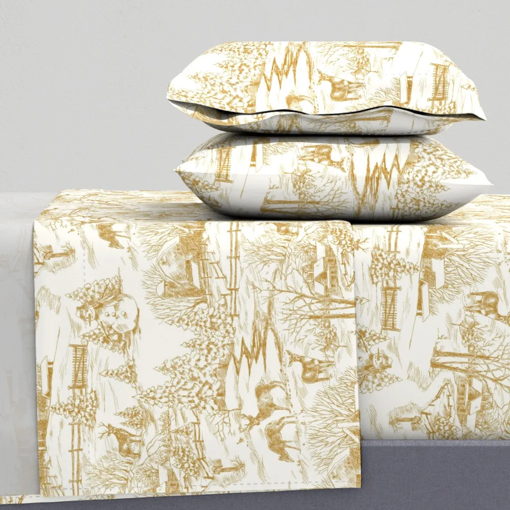 Vintage Rustic Wintertime Toile Queen Sheet Set - Gold product