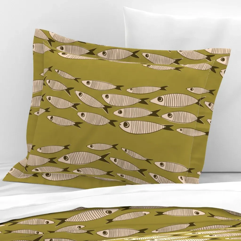 Vintage Sardines Fish Standard Flanged Cushion Cover - Olive Green, Cotton Sateen product