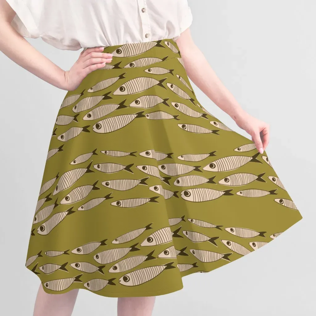 Vintage Sardines Mid Century Fish Large Scale Fabric - Olive Green alternate view