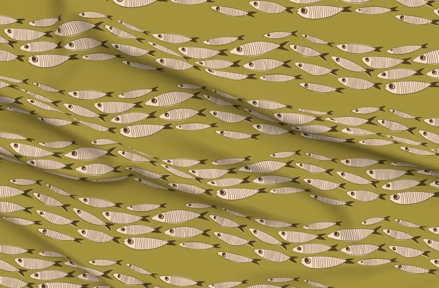 Vintage Sardines Mid Century Fish Large Scale Fabric - Olive Green product