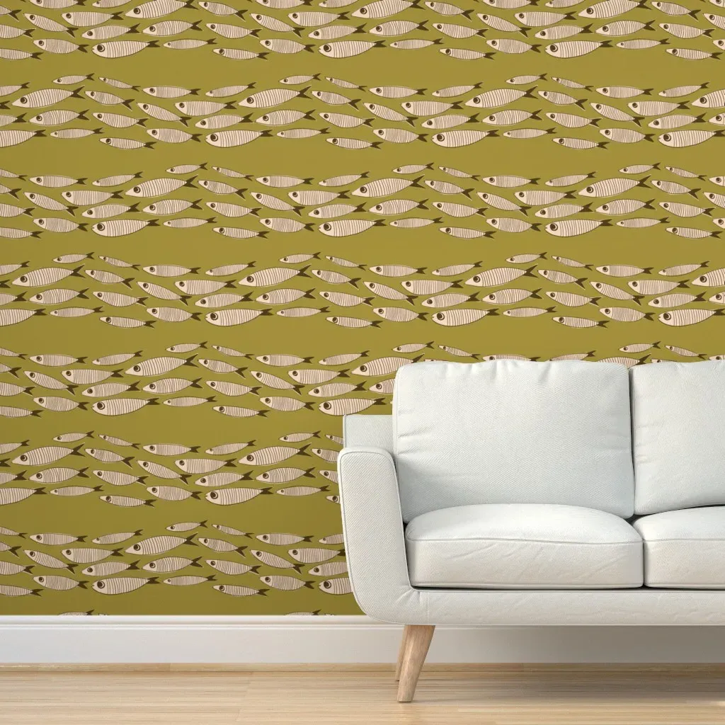 Vintage Sardines Mid Century Fish Peel and Stick Wallpaper - Olive Green product
