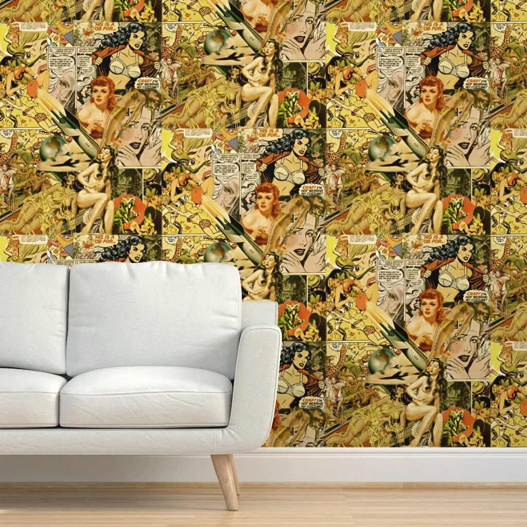 Vintage Sci-Fi Comics Collage Peel and Stick Wallpaper - Brown, Black product