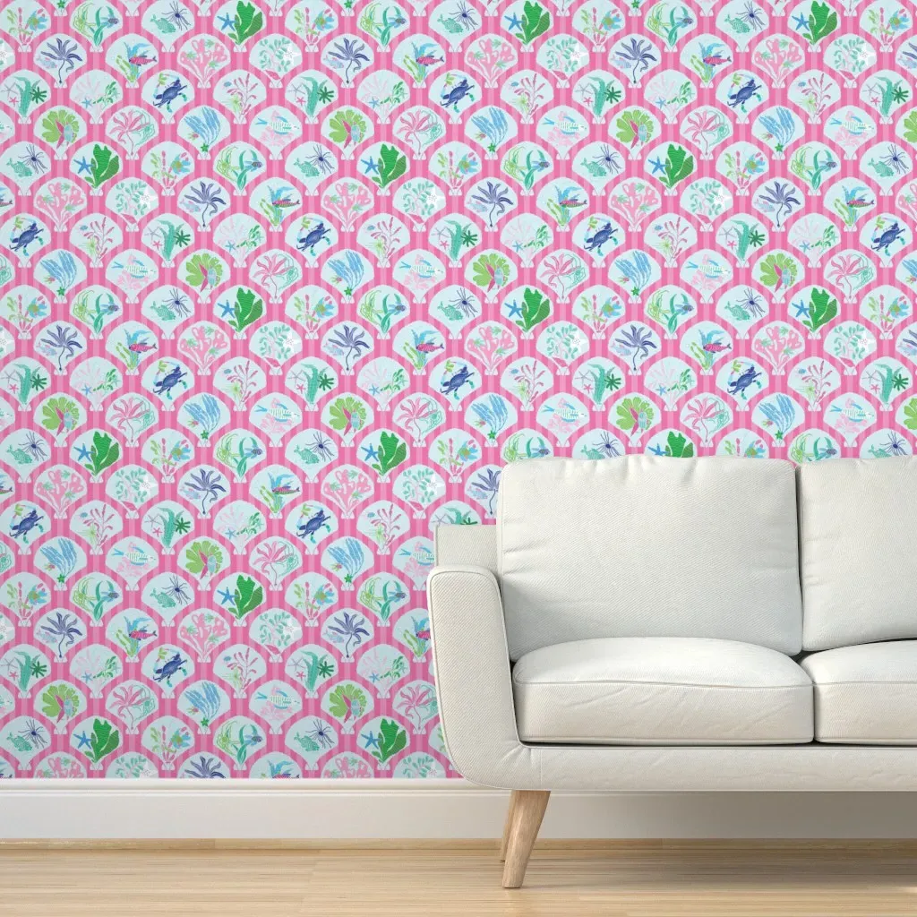 Vintage Sea Life Scallops & Stripes Peel and Stick Wallpaper - Pink product
