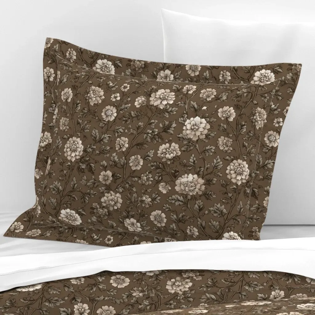 Vintage Sepia Peony Toile Standard Flanged Cushion Cover - Brown, Cotton Sateen product
