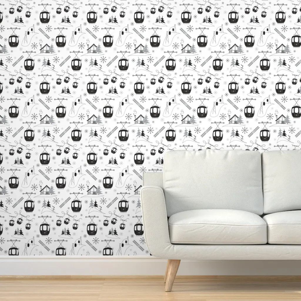 Vintage Ski Gondolas Peel and Stick Wallpaper - Gray product