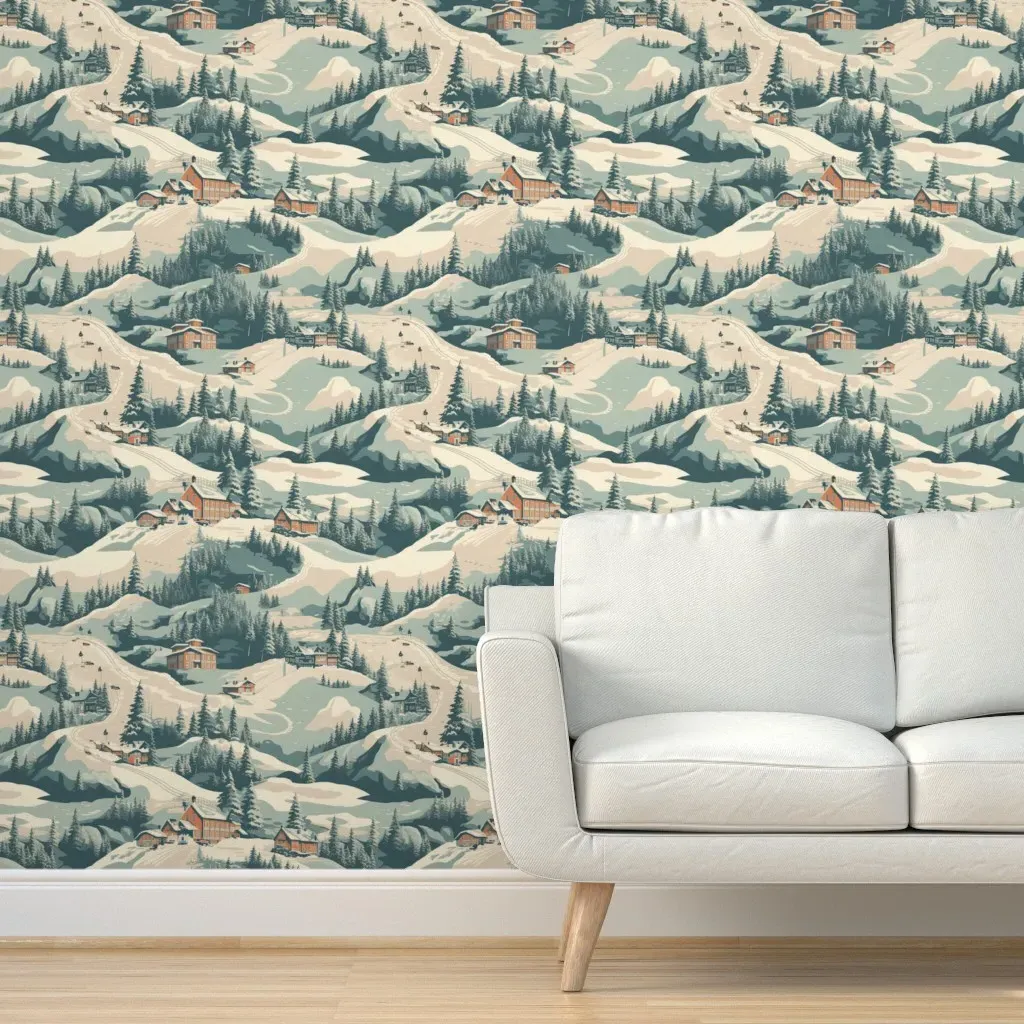 Vintage Ski Slope Peel and Stick Wallpaper - Teal product