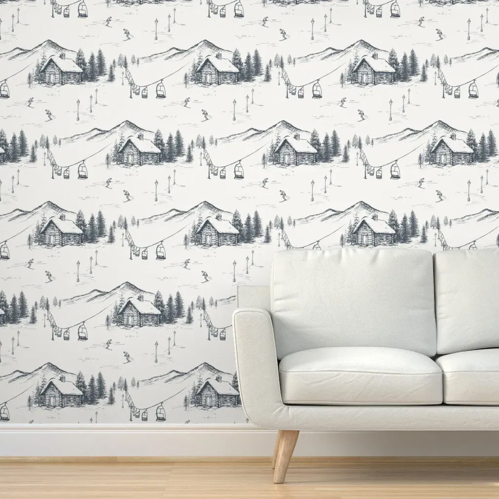 Vintage Ski Toile De Jouy Peel and Stick Wallpaper - Navy, White product