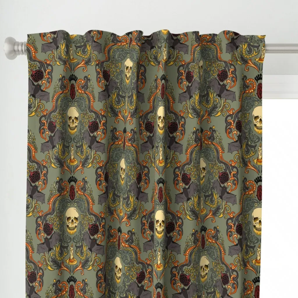 Vintage Skull & Bats Curtain Panel - Dark Olive Green alternate view