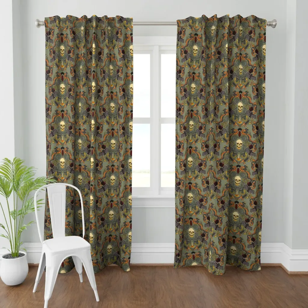 Vintage Skull & Bats Curtain Panel - Dark Olive Green product