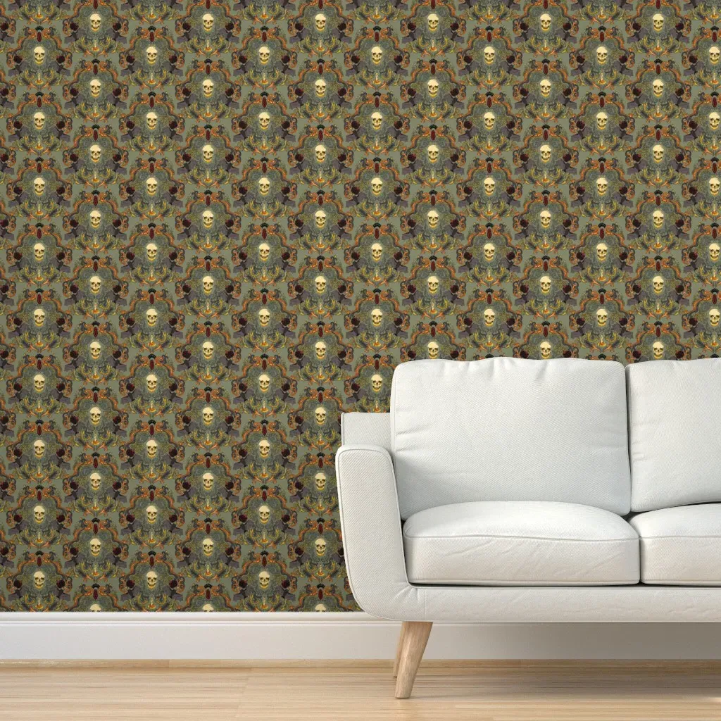 Vintage Skull & Bats Peel and Stick Wallpaper - Dark Olive Green product