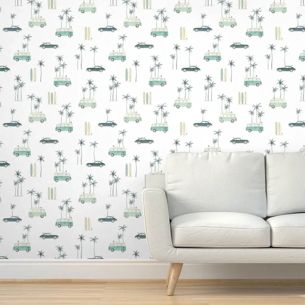 Vintage Surfcars XL Peel and Stick Wallpaper - Teal product