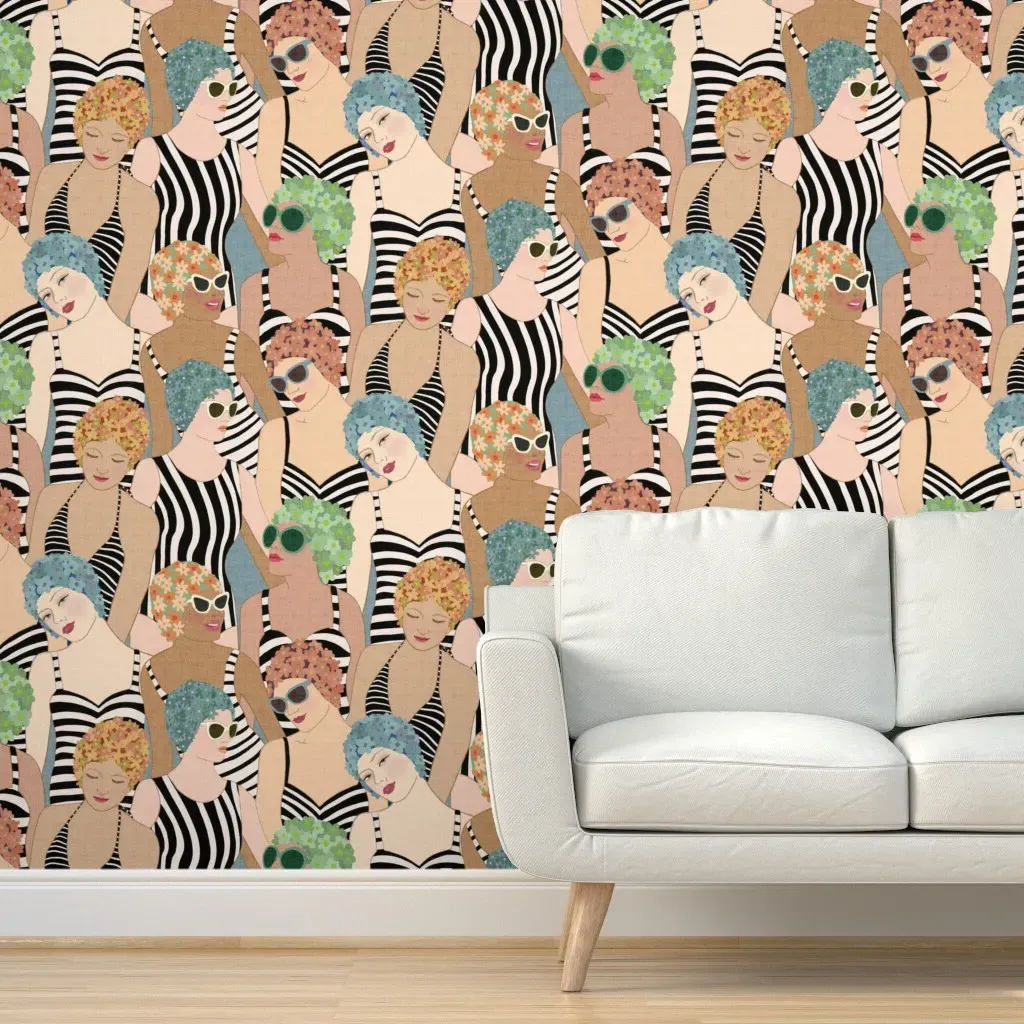 Vintage Swimmers Striped Suits Peel and Stick Wallpaper - Green product