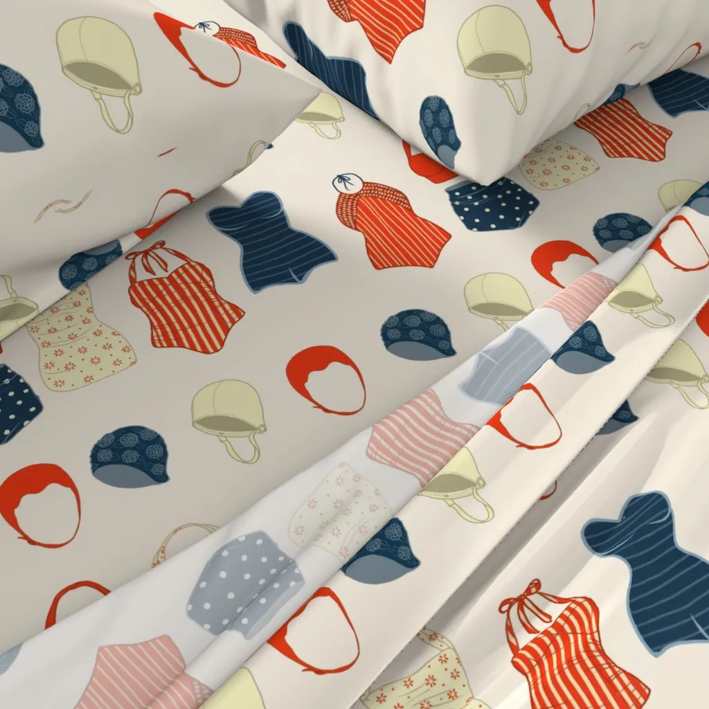 Vintage Swimming Outfits Queen Sheet Set - Red alternate view