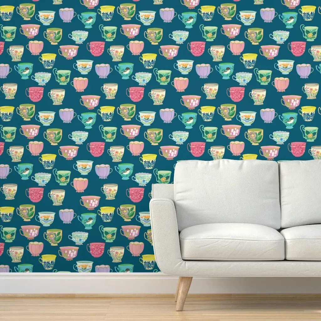 Vintage Tea Cups Peel and Stick Wallpaper - Prussian Blue product