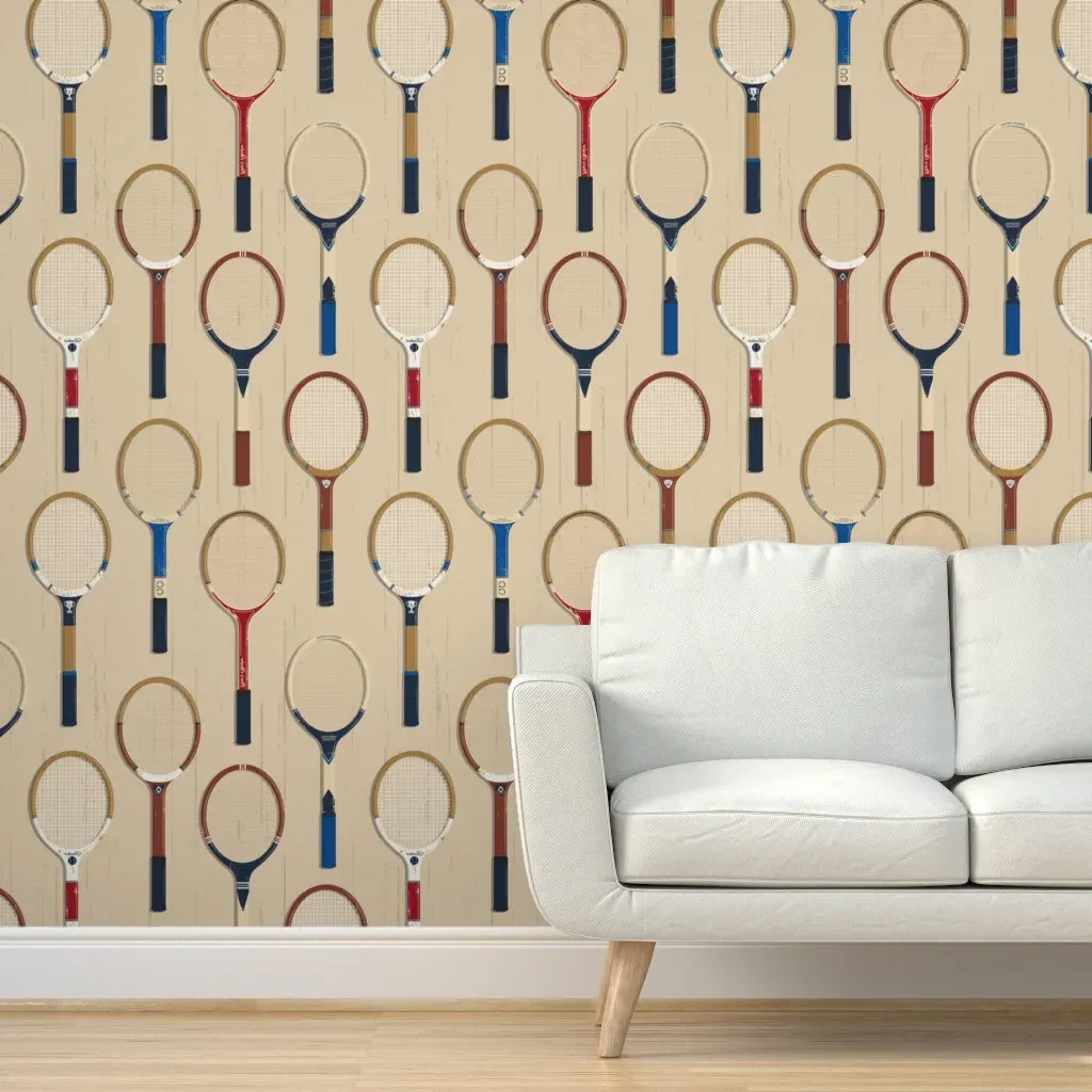Vintage Tennis Rackets XL Peel and Stick Wallpaper - Beige product