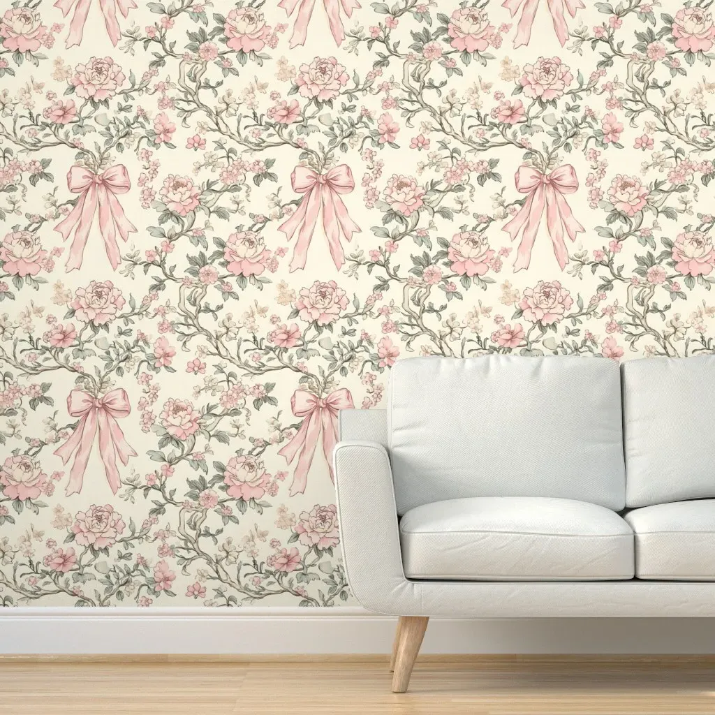 Vintage Toile Chinoiserie Bow Peel and Stick Wallpaper - Pink product
