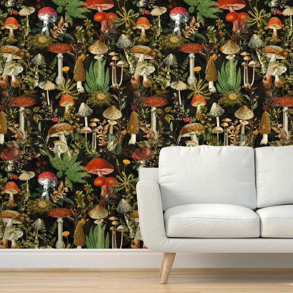 Vintage Toxic Mushrooms Fungi Peel and Stick Wallpaper - Red product