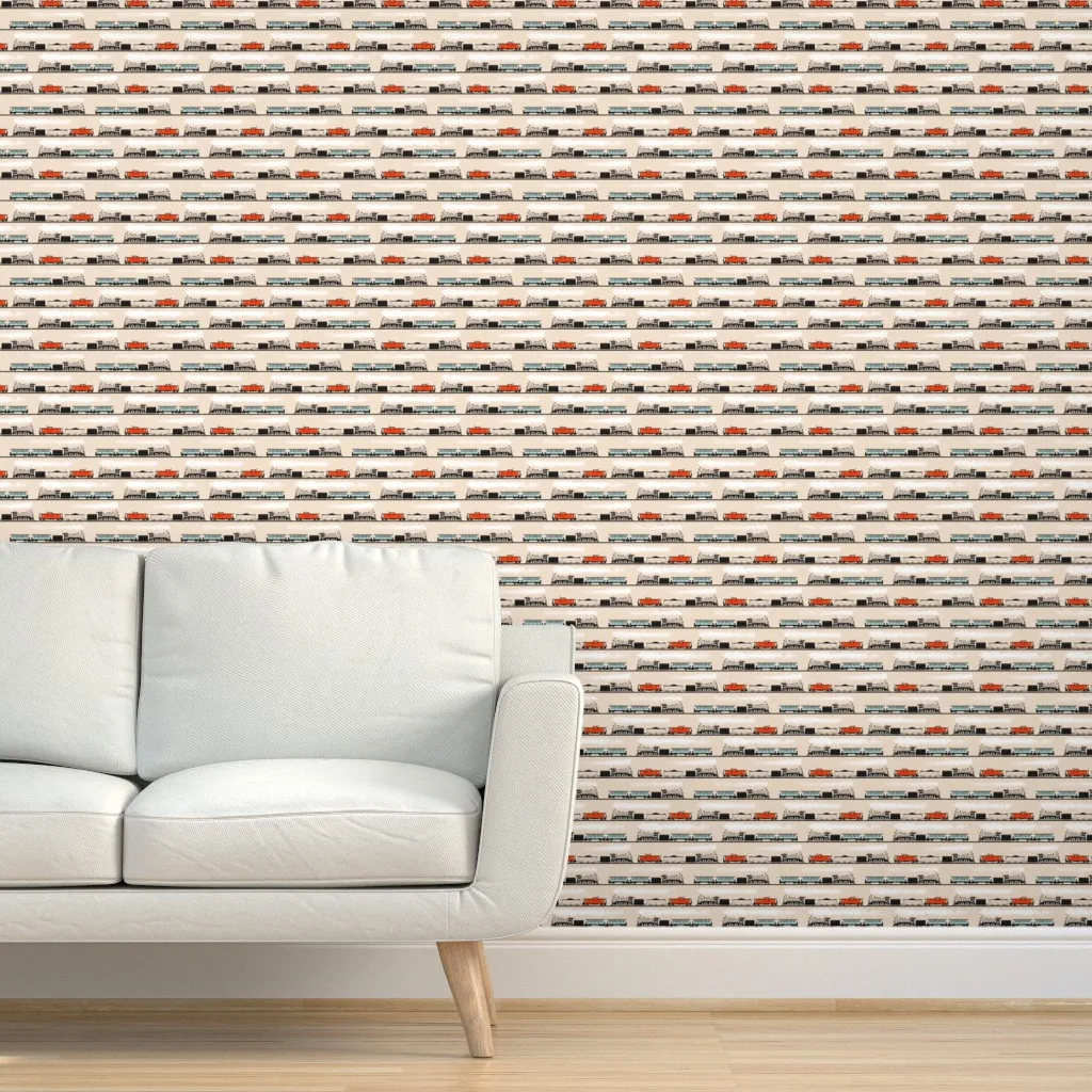 Vintage Trains Line Drawings Peel and Stick Wallpaper - Black, Almond product