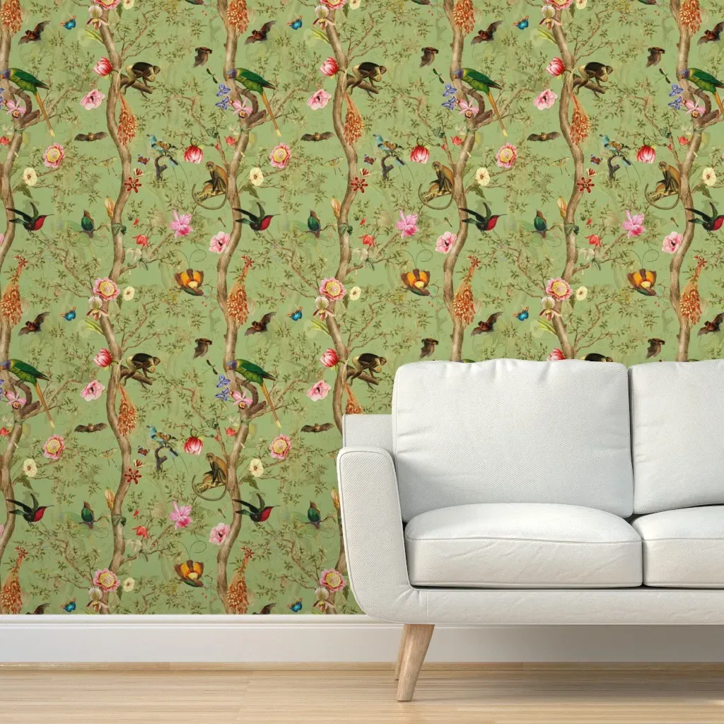 Vintage Tropical Animals Peel and Stick Wallpaper - Green, Pink product