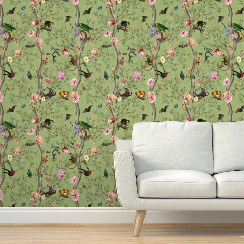 Vintage Tropical Birds Monkeys Sloth Peel and Stick Wallpaper - Green product
