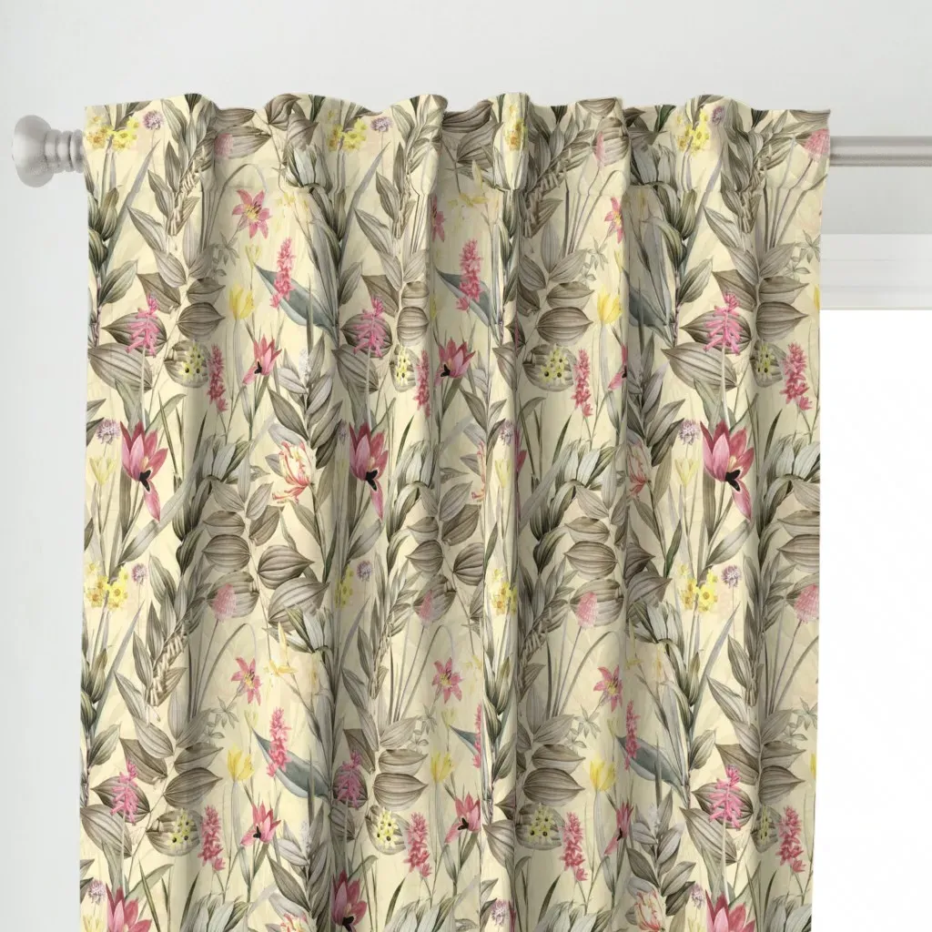 Vintage Tropical Flowers Curtain Panel - Pale Yellow alternate view