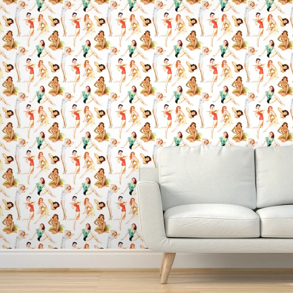 Vintage Tropical Hawaiian Pinup Girls Peel and Stick Wallpaper - White product