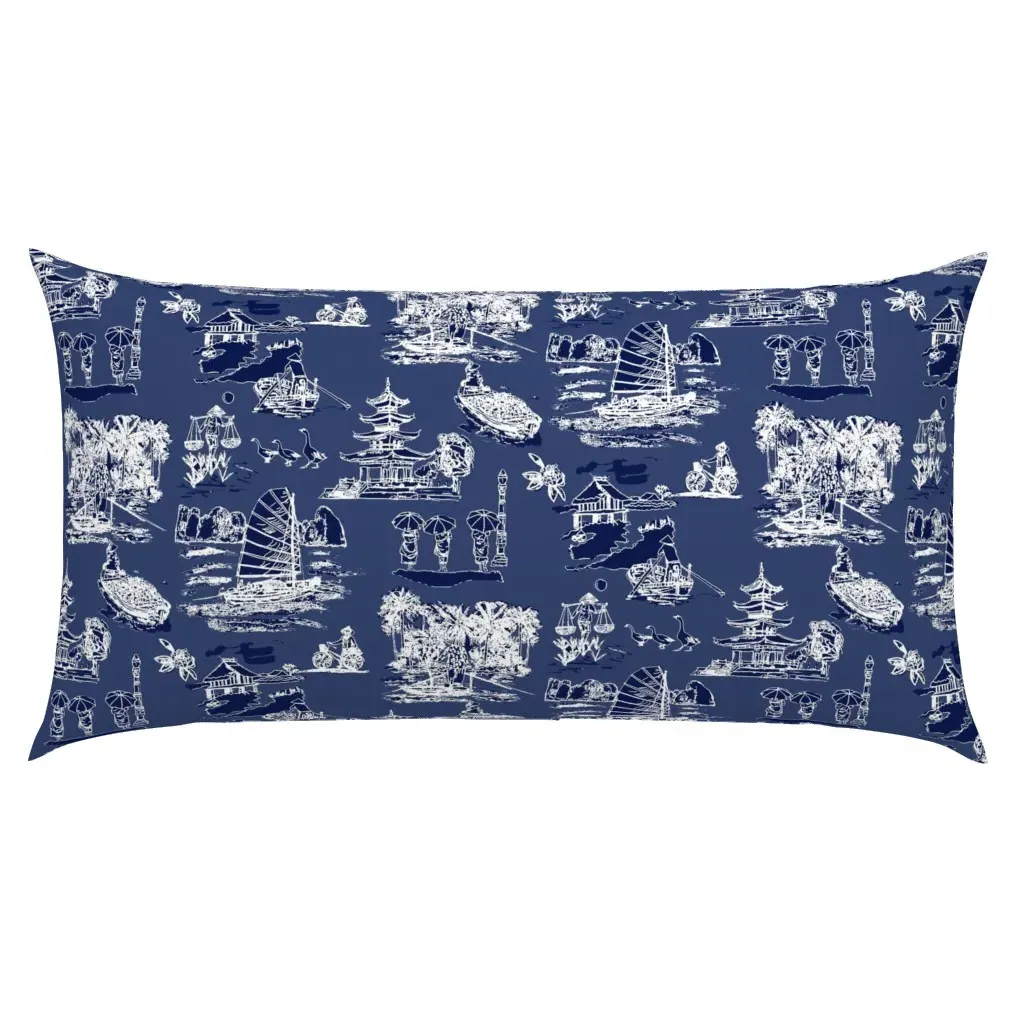 Vintage Vietnamese Toile King Pillow Sham - Navy Blue, White product