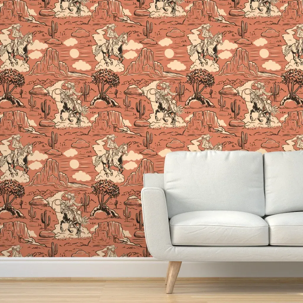 Vintage Western Cowgirl Toile De Jouy Peel and Stick Wallpaper - Terracotta product
