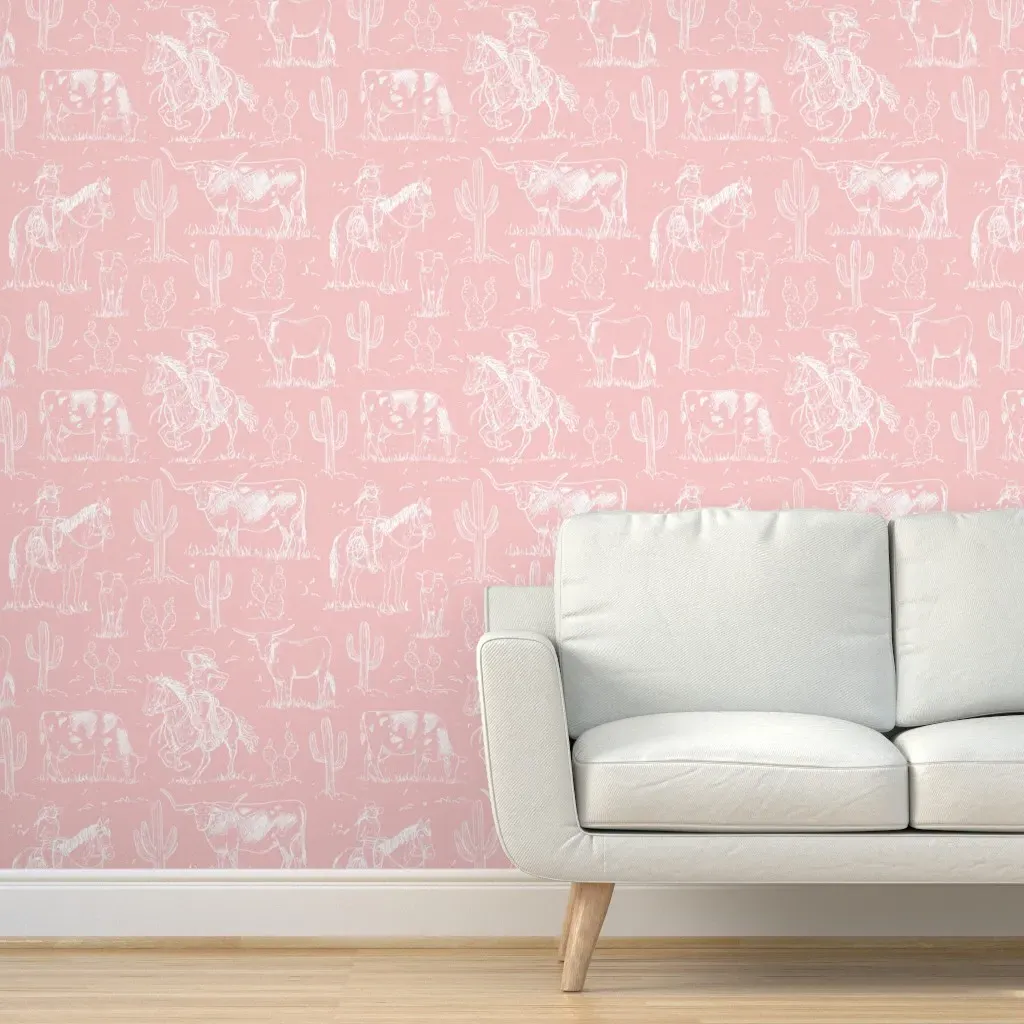 Vintage Western Cowgirl Toile Peel and Stick Wallpaper - Blush Pink product